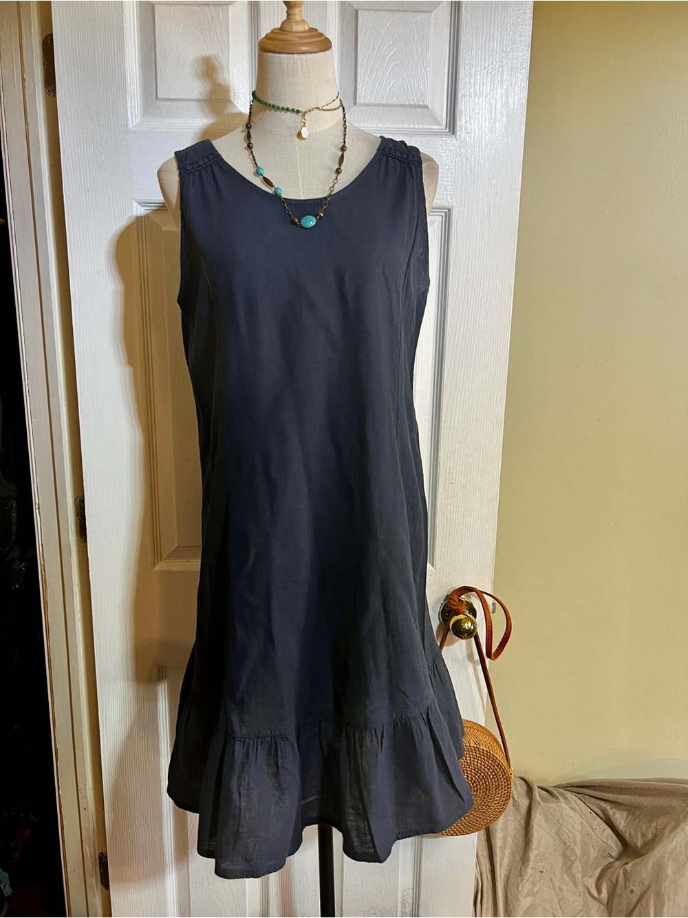 Terzo Millennio Italy Wms Navy Linen Cotton Ruffle Pleated Tie Back Sun Dress M